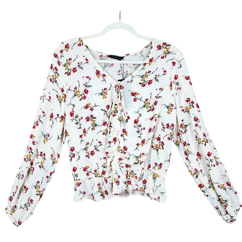 Women's Floral Peasant Peplum Blouse XL Tie Neck Long Sleeve Boho Cottagecore - Picture 2 of 12